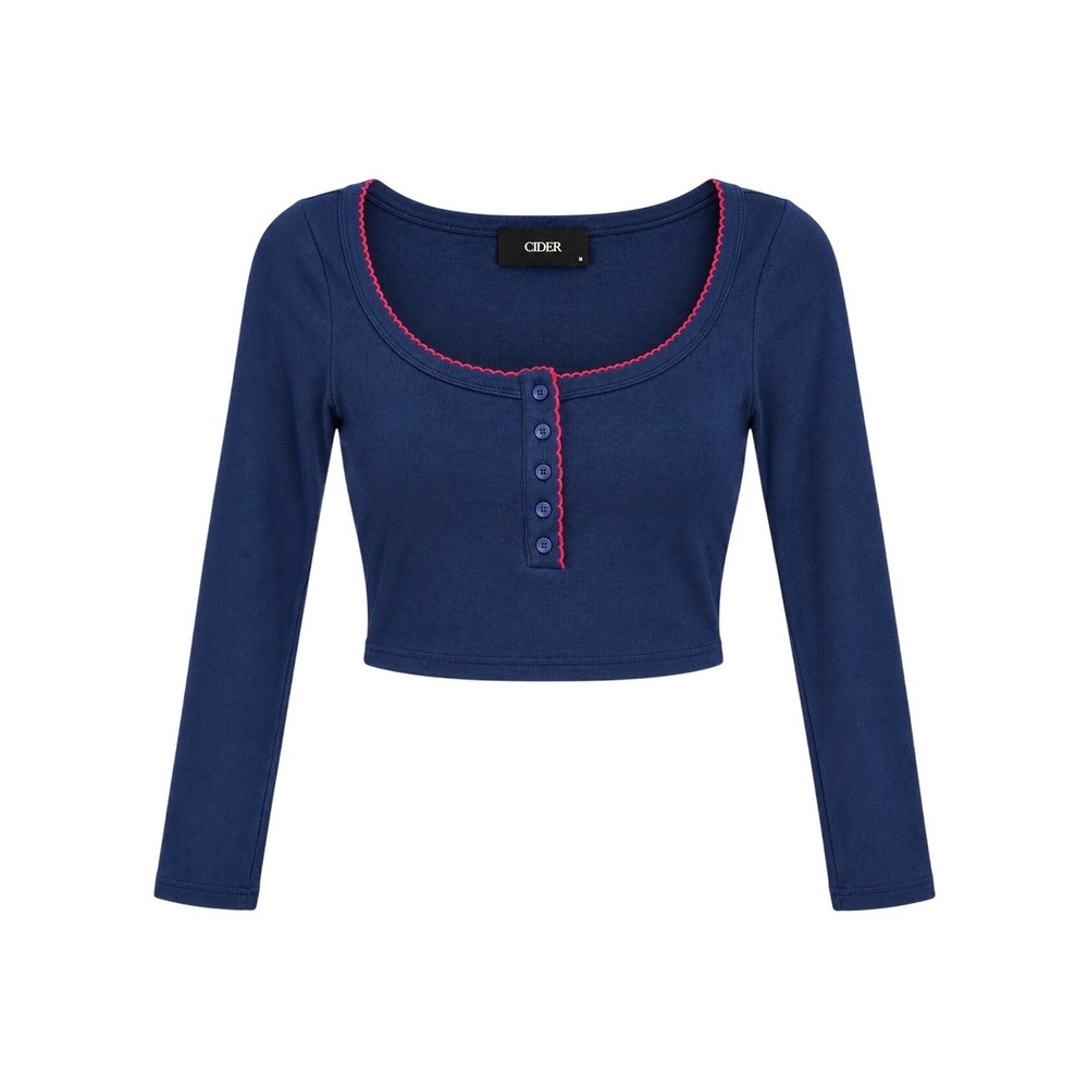 Cider Womens Small Navy Blue Ribbed Henley Crop Top Red Trim Long Sleeve